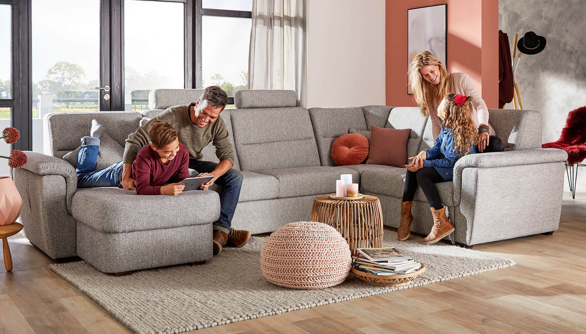 Gunji Wohnlandschaft Mit Schlaffunktion – 6-Sitzer, Chenille-Stoff, Grau, 282cm Breite
